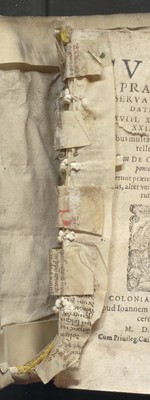 Front endleaf guard and five spine linings; outer side